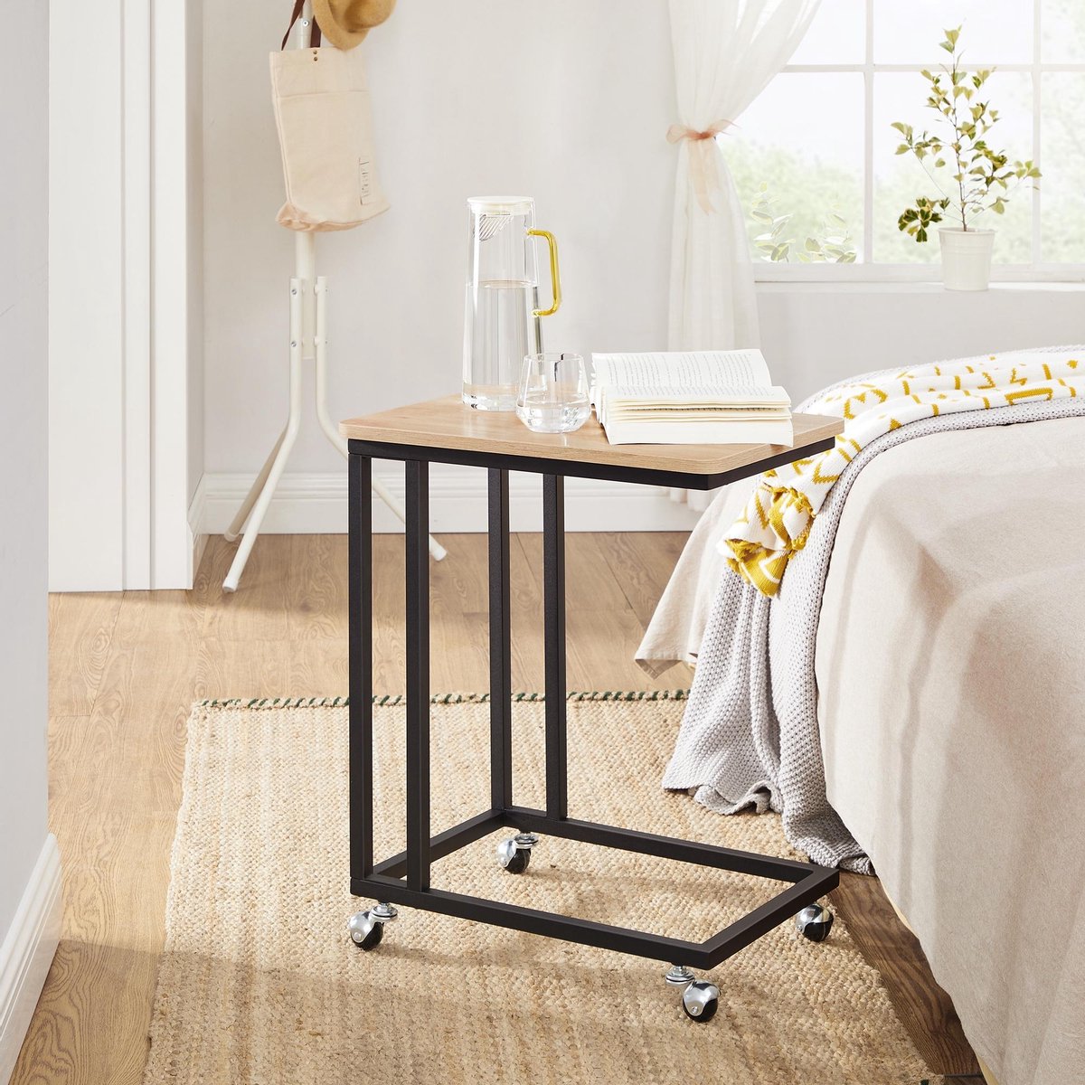 Acaza Bijzettafel Op Wieltjes, Rollend Tafeltje Voor Laptop Of Ontbijt, Lichte Eik Kleur - Bruin