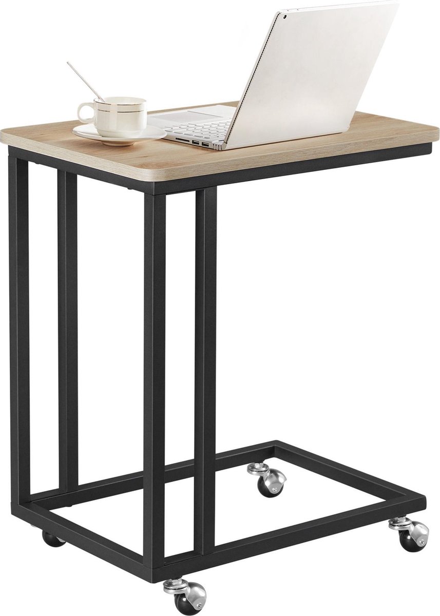 Acaza Bijzettafel Op Wieltjes, Rollend Tafeltje Voor Laptop Of Ontbijt, Lichte Eik Kleur - Bruin