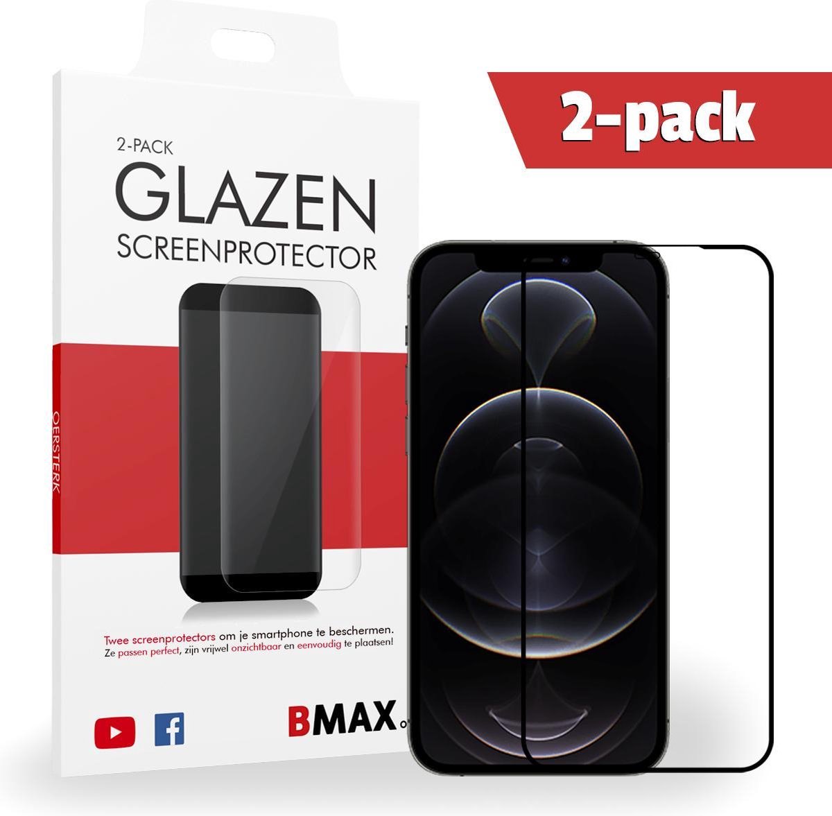 2-pack Bmax Iphone 12 Pro Screenprotector - Glass - Full Cover 2.5d - Black/zwart