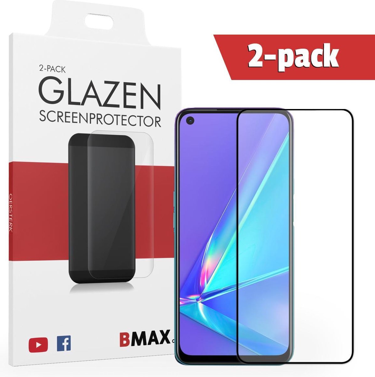 2-pack Bmax Oppo A72 Screenprotector - Glass - Full Cover 2.5d - Black/zwart