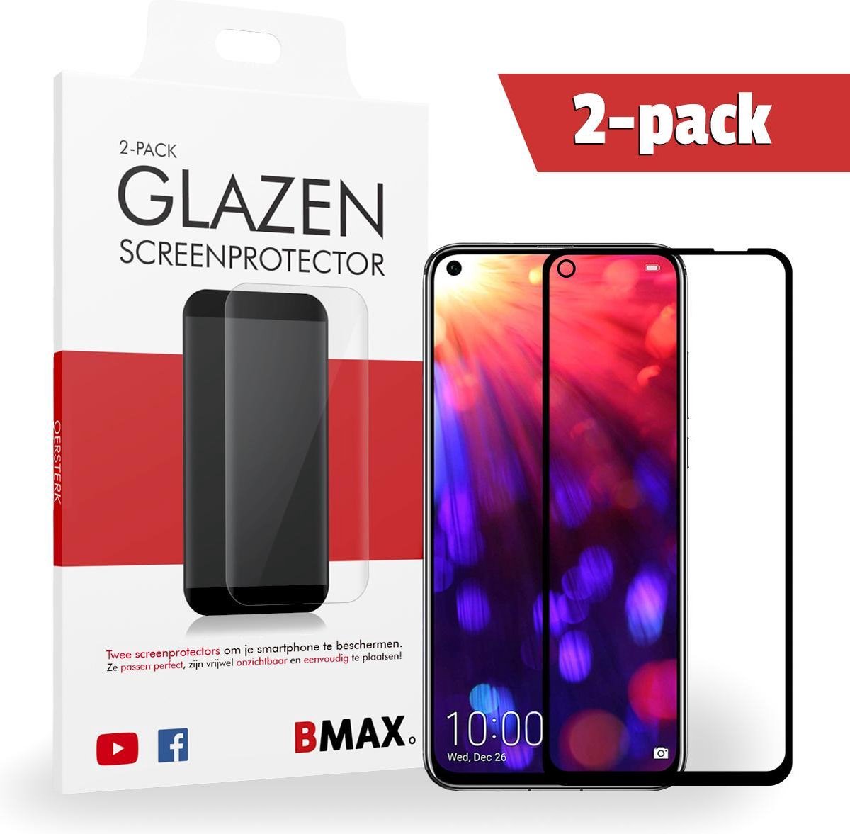 2-pack Bmax Honor View 20 Screenprotector - Glass - Full Cover 2.5d - Black