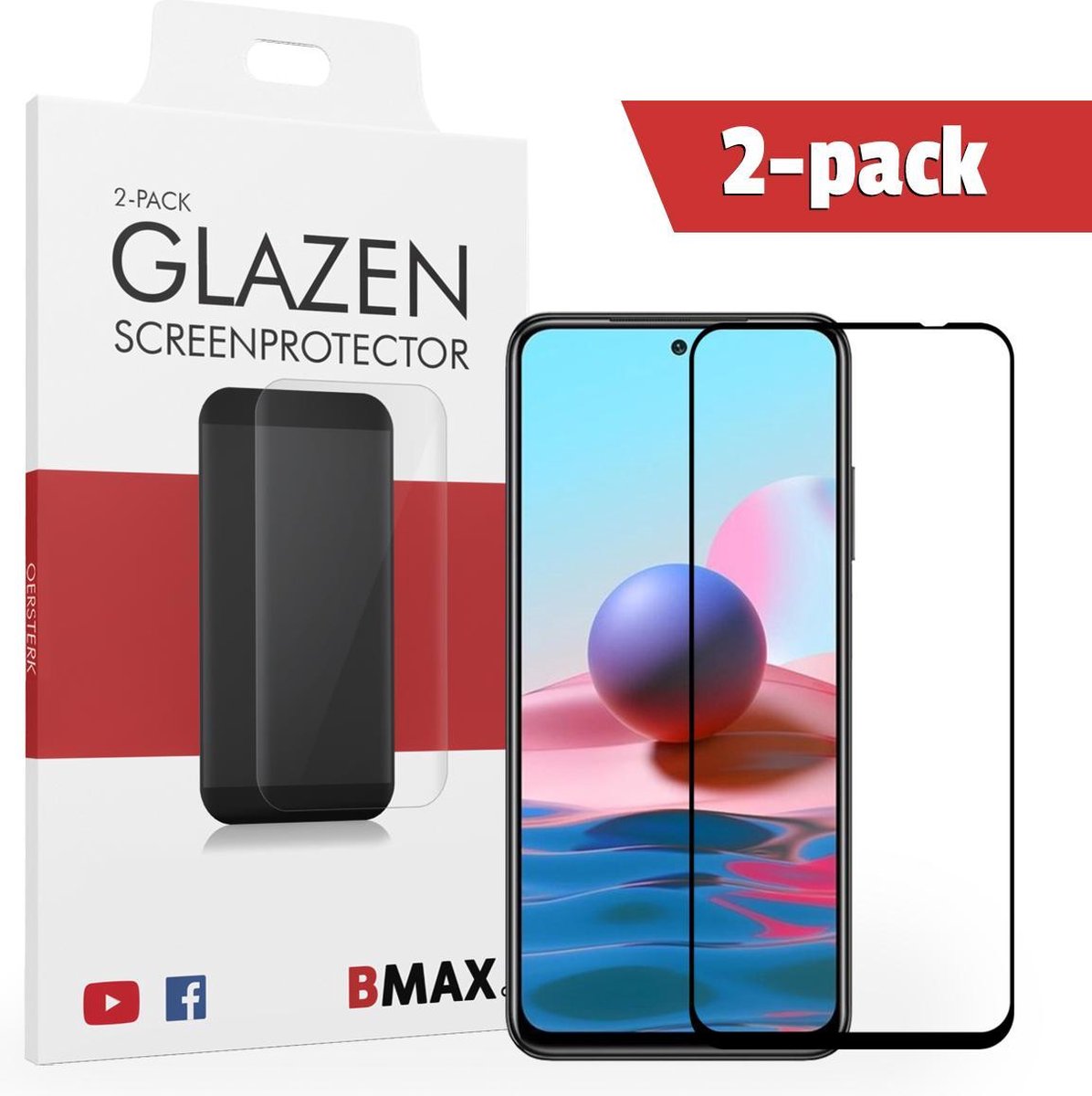 2-pack Bmax Xiaomi Redmi Note 10 Screenprotector - Glass - Full Cover 2.5d - Black