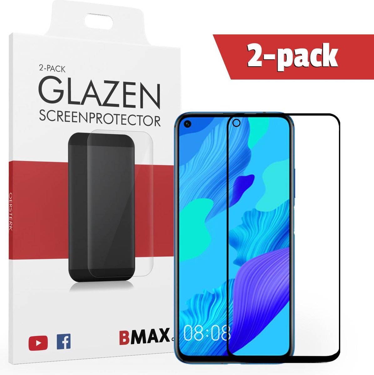 2-pack Bmax Huawei Nova 5t Screenprotector - Glass - Full Cover 2.5d - Black