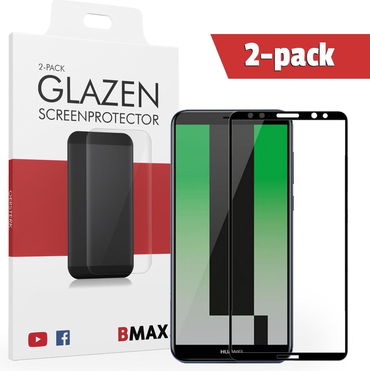 2-pack Bmax Huawei Mate 10 Lite Screenprotector - Glass - Full Cover 2.5d - Black