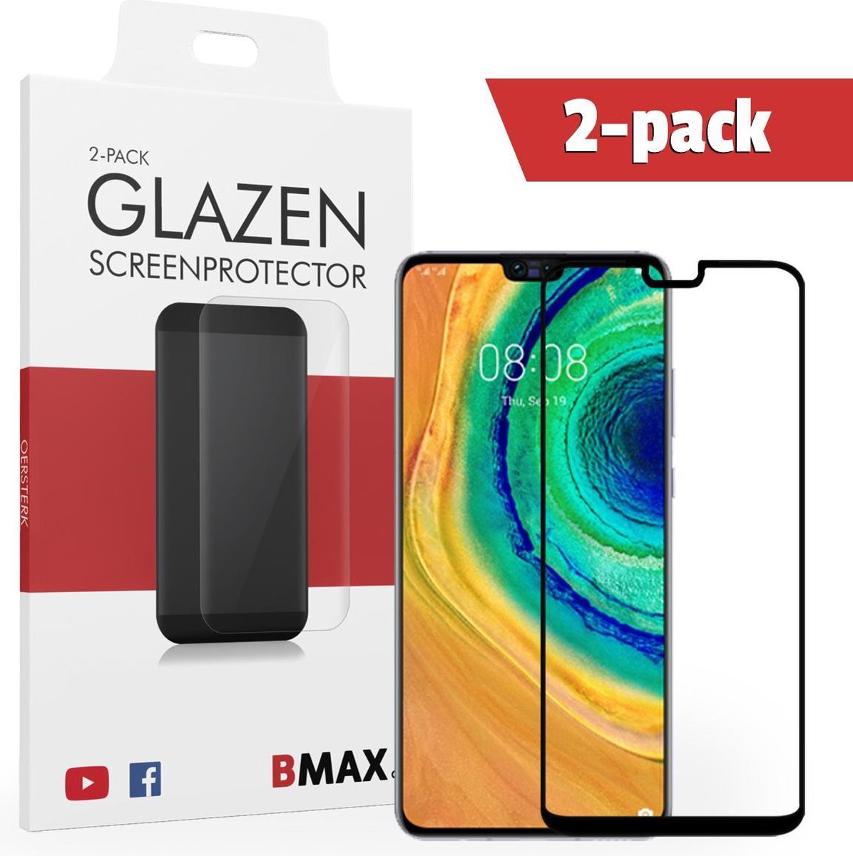 2-pack Bmax Huawei Mate 30 Screenprotector - Glass - Full Cover 2.5d - Black