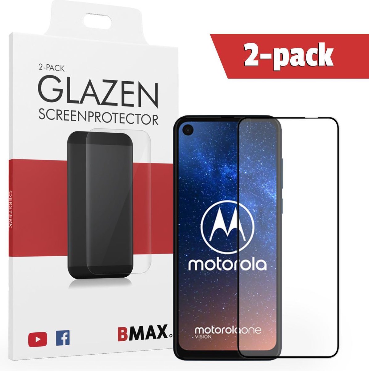 2-pack Bmax Motorola One Vision Screenprotector - Glass - Full Cover 2.5d - Black
