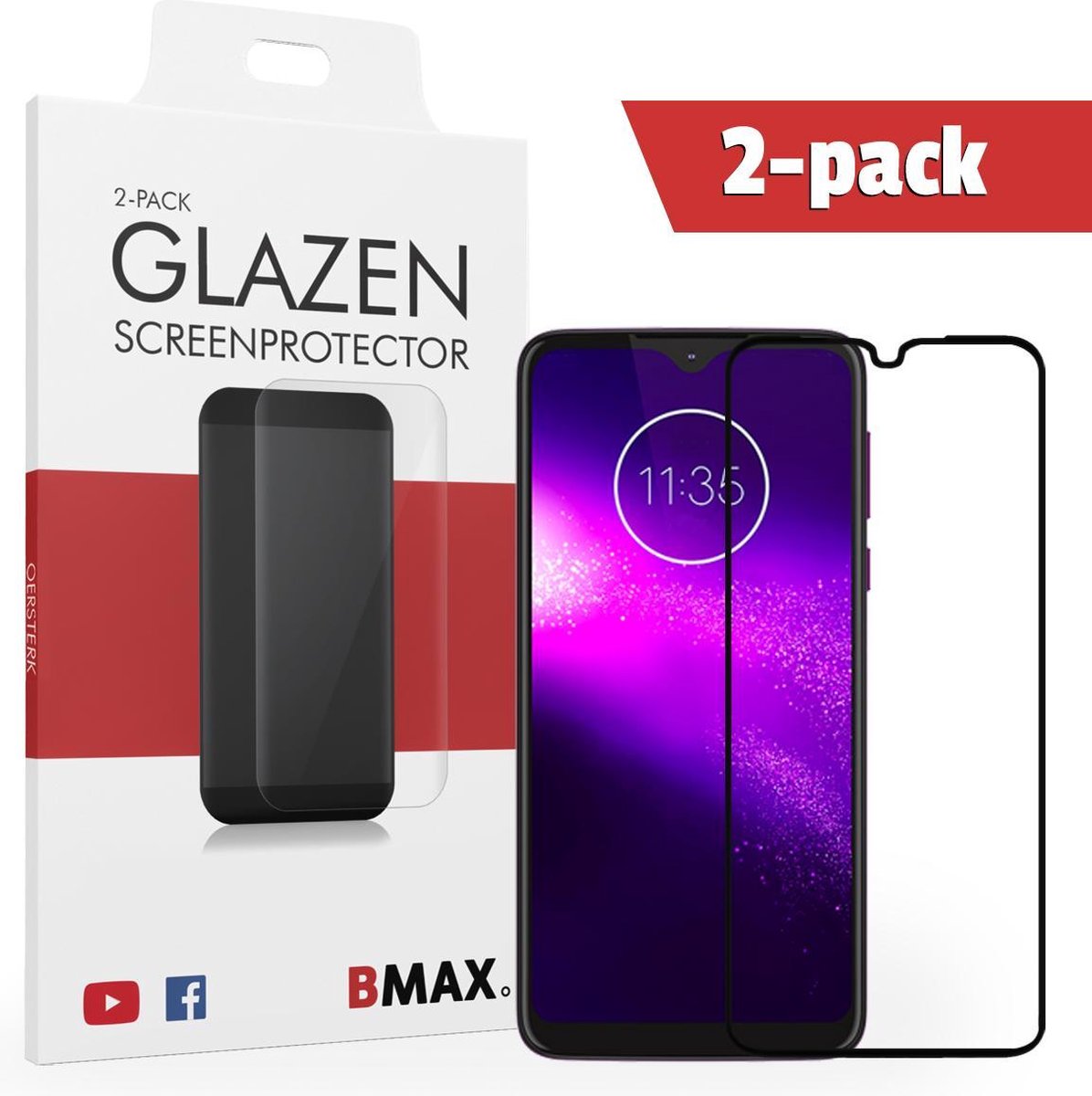 2-pack Bmax Motorola One Macro Screenprotector - Glass - Full Cover 2.5d - Black