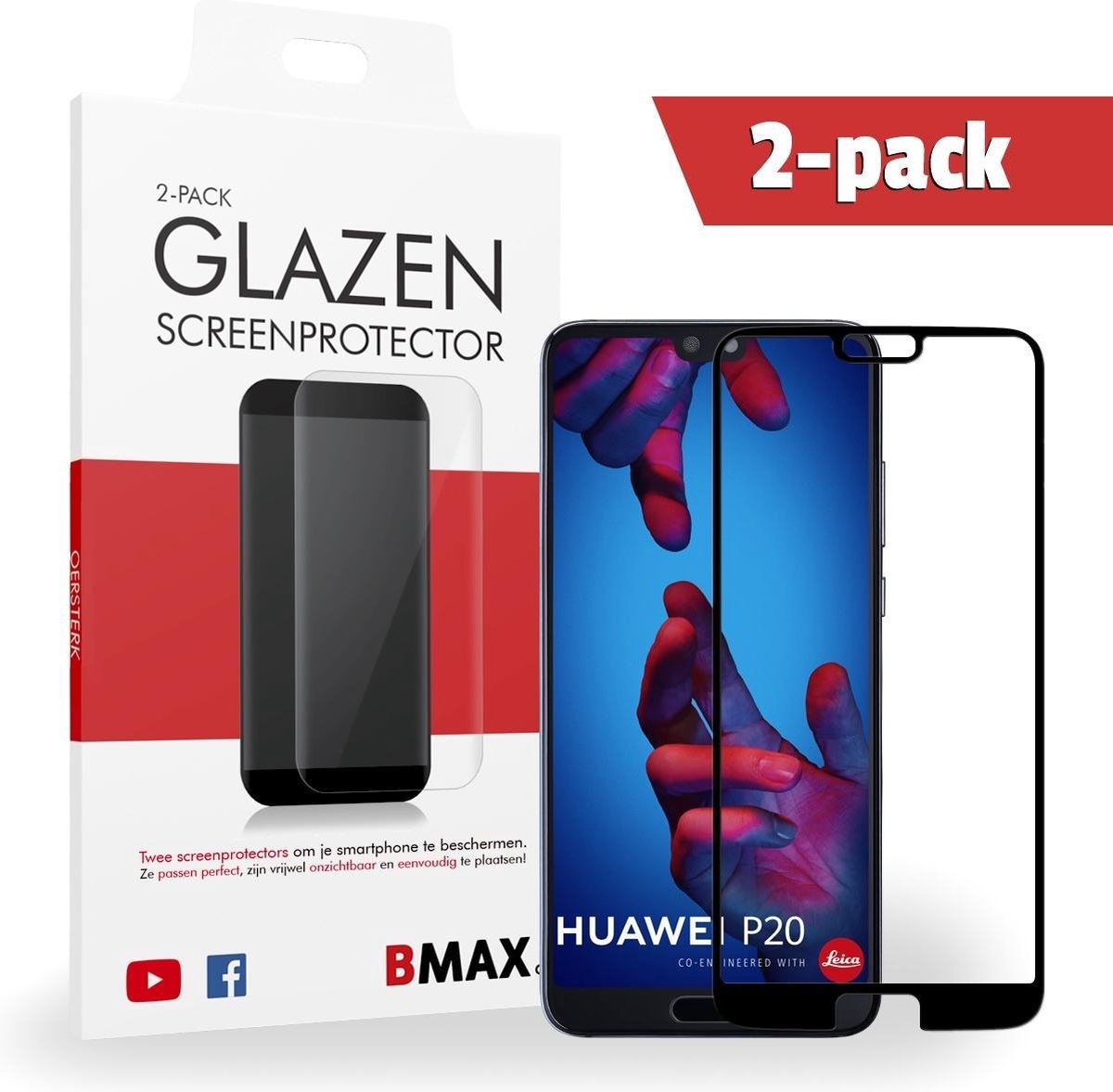 2-pack Bmax Huawei P20 Screenprotector - Glass - Full Cover 5d - Black