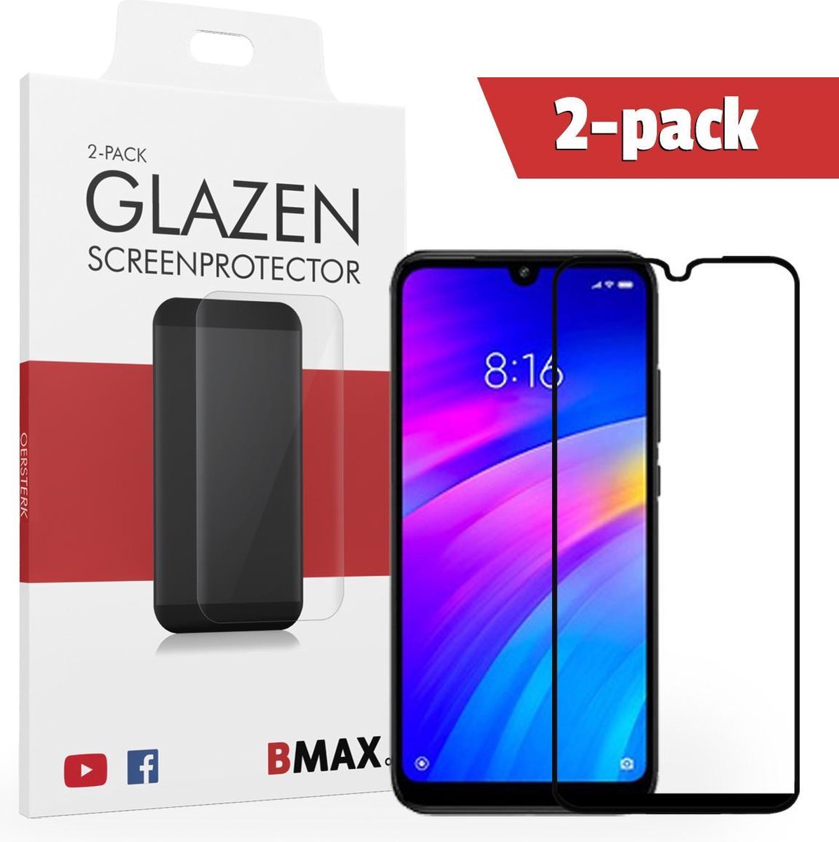 2-pack Bmax Xiaomi Redmi 7 Screenprotector - Glass - Full Cover 2.5d - Black