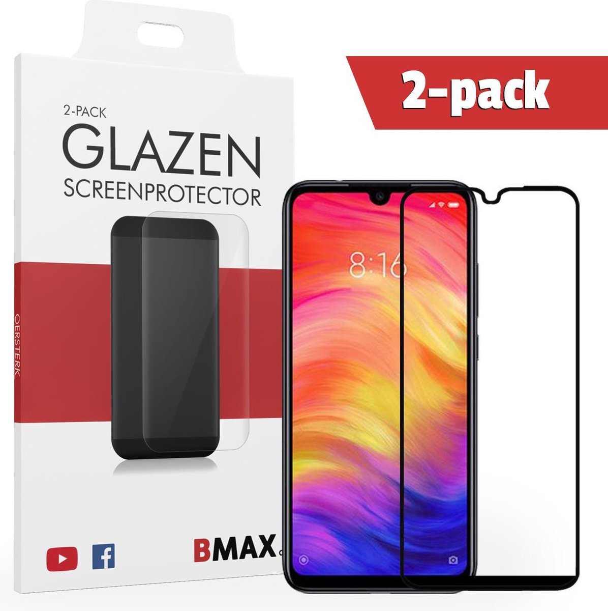2-pack Bmax Xiaomi Redmi Note 7 Screenprotector - Glass - Full Cover 2.5d - Black