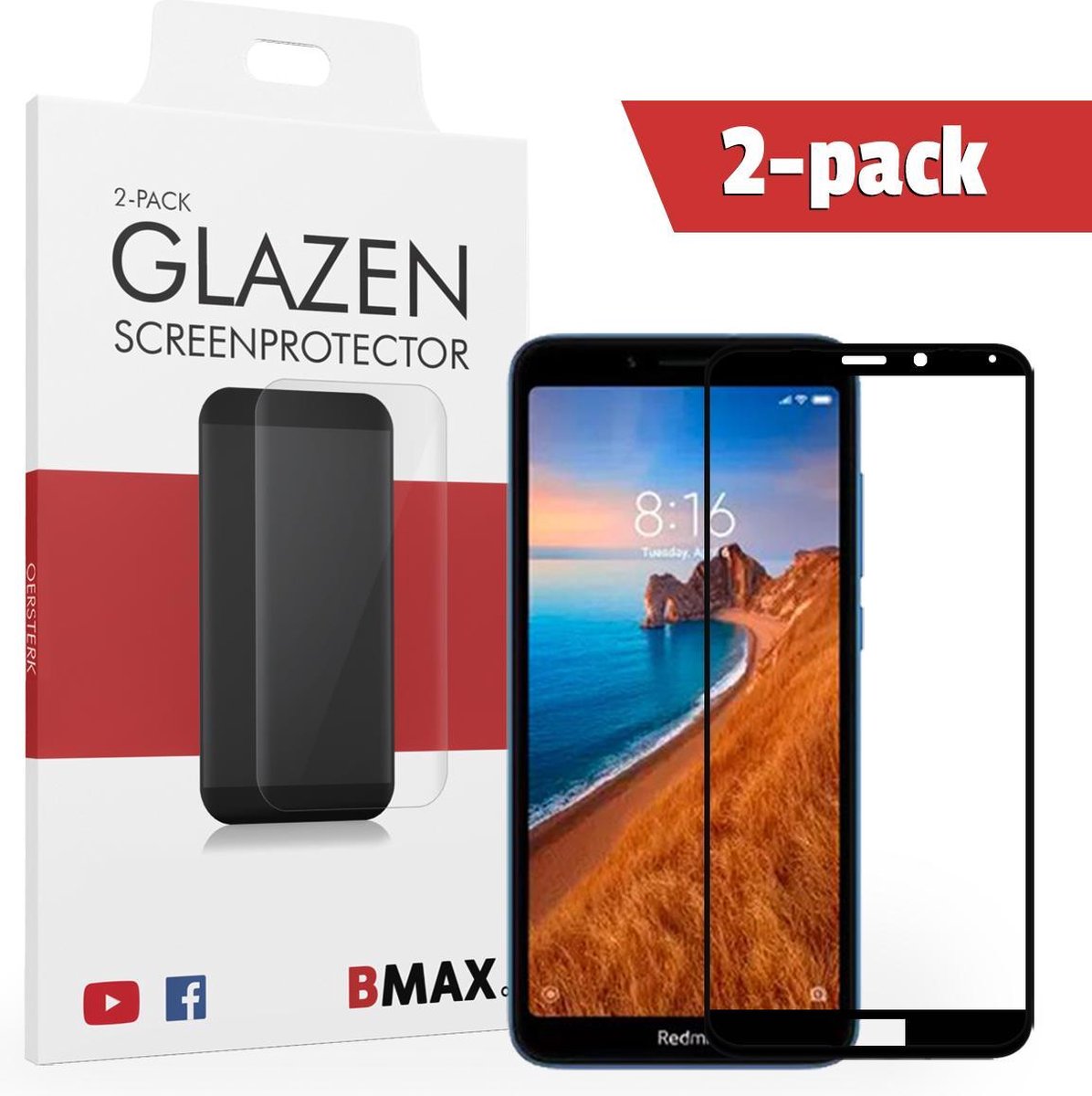 2-pack Bmax Xiaomi Redmi 7a Screenprotector - Glass - Full Cover 2.5d - Black