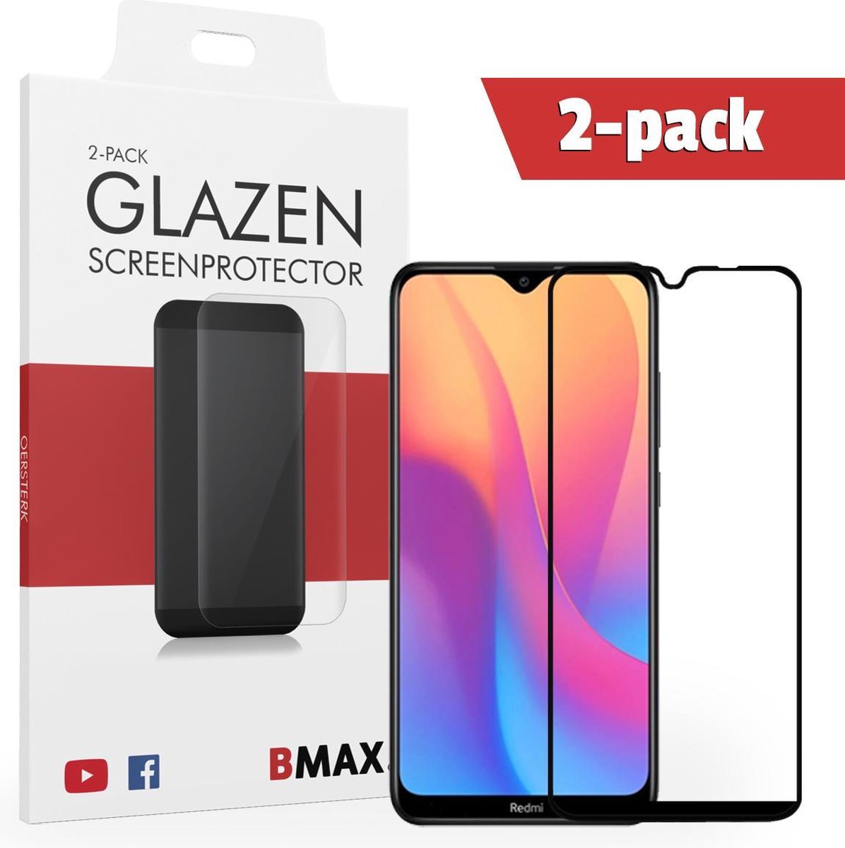 2-pack Bmax Xiaomi Redmi 8a Screenprotector - Glass - Full Cover 2.5d - Black