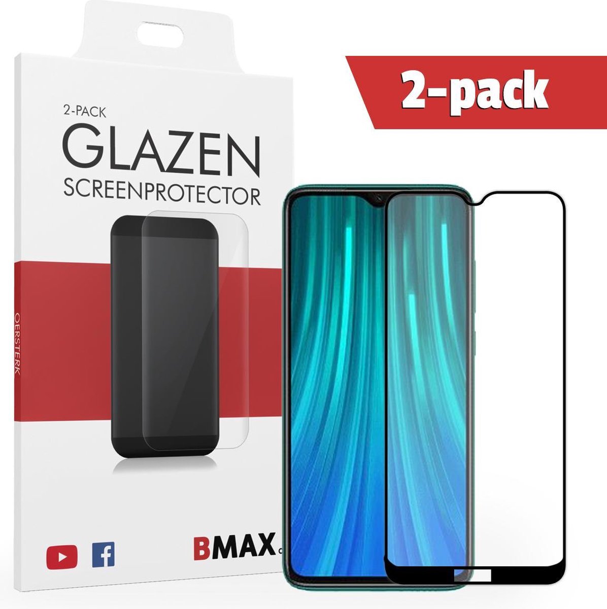 2-pack Bmax Xiaomi Redmi Note 8 Screenprotector - Glass - Full Cover 2.5d - Black