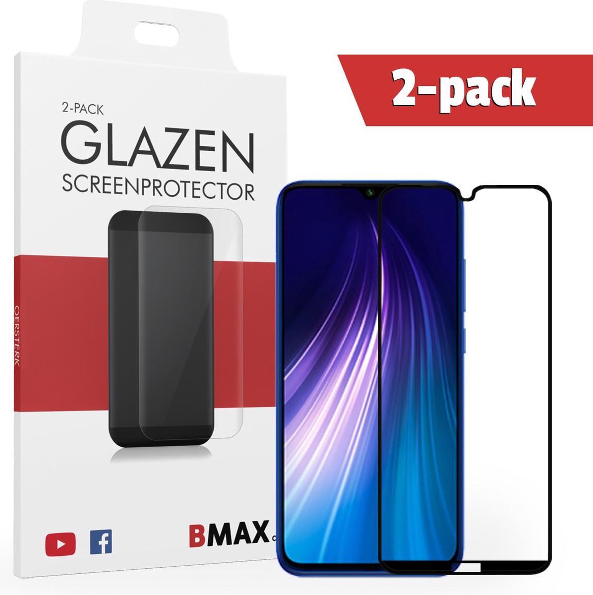 2-pack Bmax Xiaomi Redmi Note 8t Screenprotector - Glass - Full Cover 2.5d - Black
