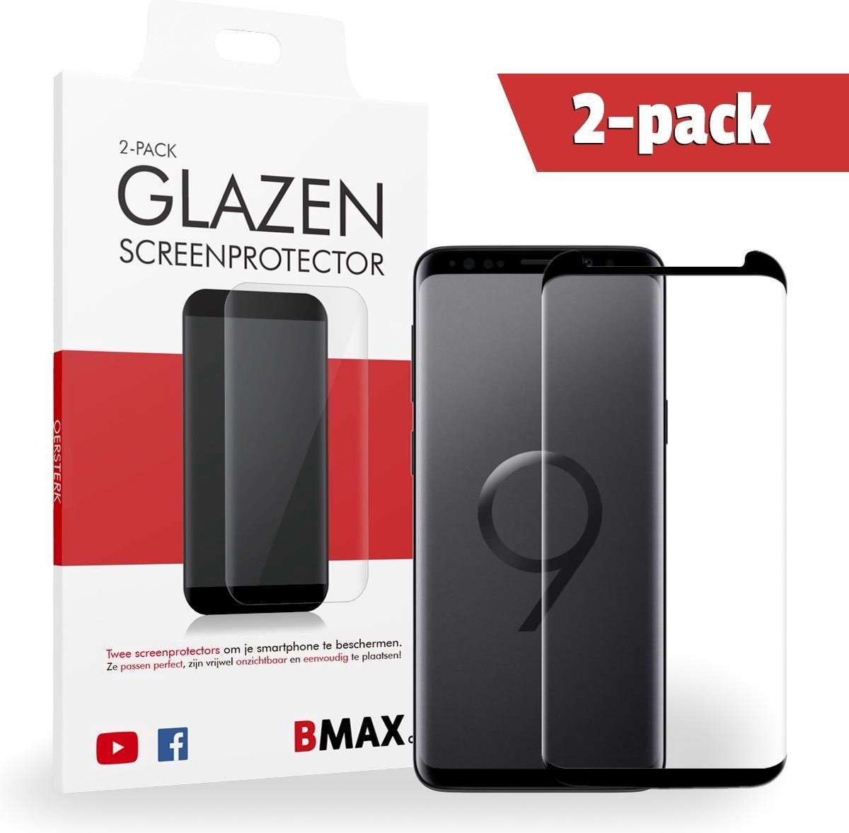 2-pack Bmax Samsung Galaxy S9 Plus Screenprotector - Glass - Edge Glue 3d Case Friendly - Black