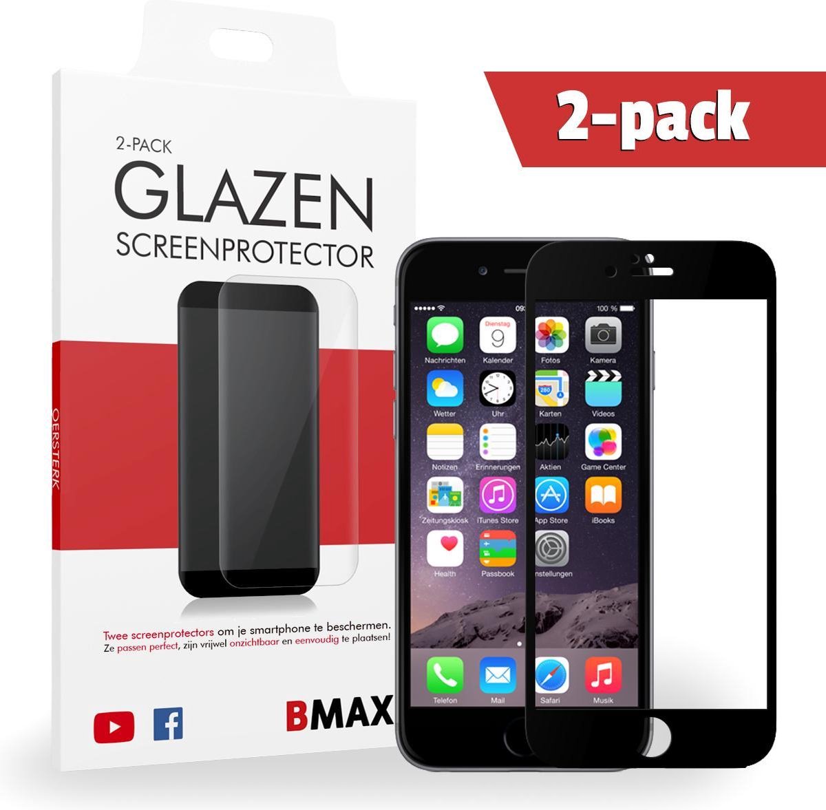 2-pack Bmax Apple Iphone 6/6s Screenprotector - Glass - Full Cover 5d - Black