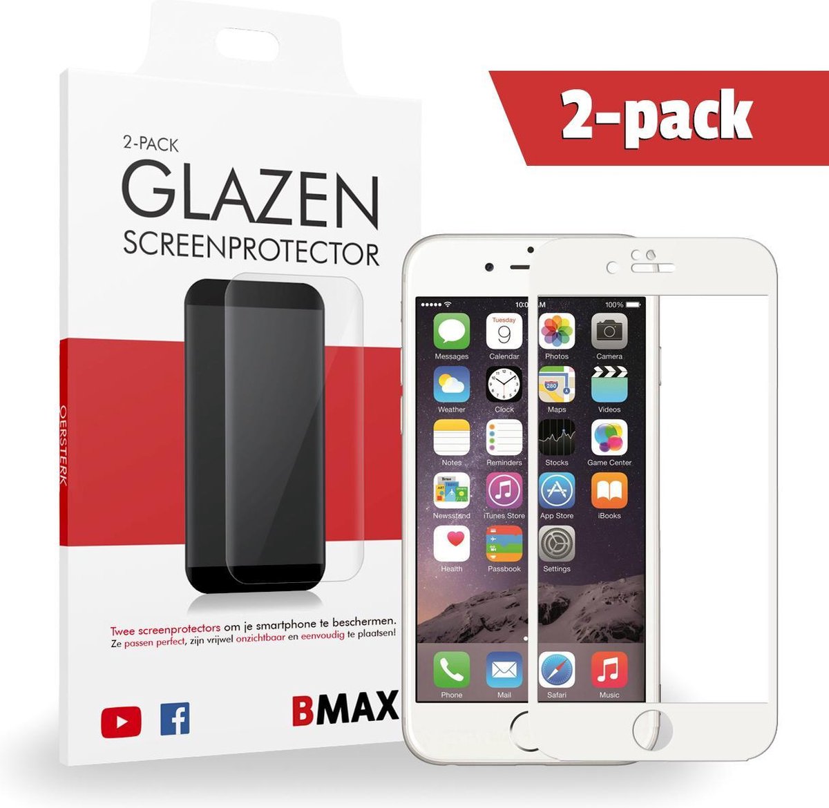 2-pack Bmax Apple Iphone 6/6s Plus Screenprotector - Glass - Full Cover 5d - White