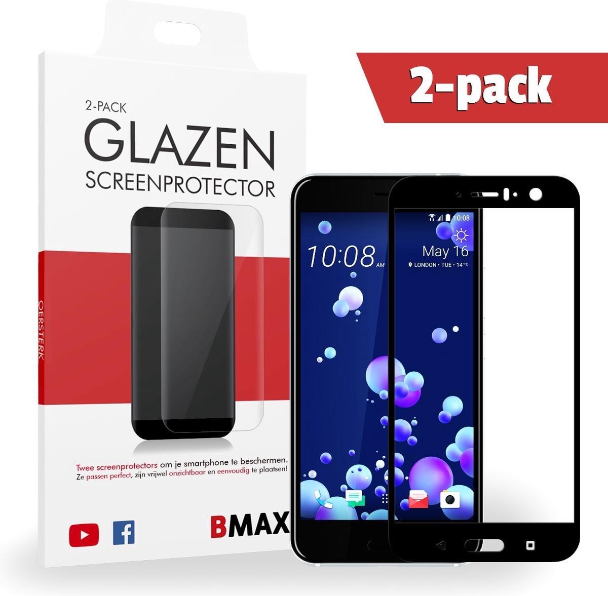 2-pack Bmax Htc U11 Screenprotector - Glass - Edge Glue 3d Full Cover - Black