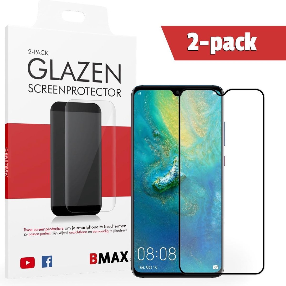 2-pack Bmax Huawei Mate 20 Screenprotector - Glass - Full Cover 5d