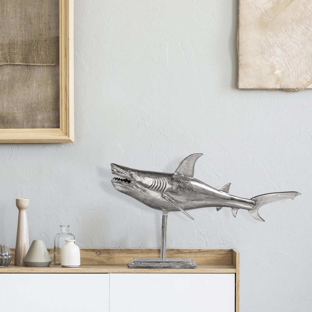 Womo-design Haaien Sculptuur Zilver, 68x39 Cm, Met Nikkel Afwerking, Gemaakt Van Aluminium