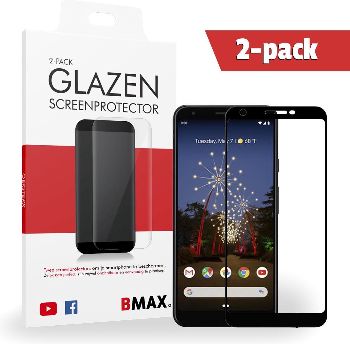 2-pack Bmax Google Pixel 3a Screenprotector - Glass - Full Cover 2.5d - Black