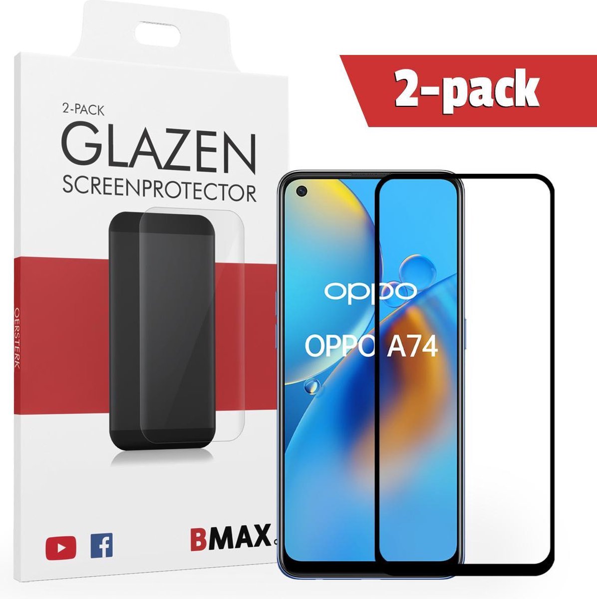 2-pack Bmax Oppo A74 Screenprotector - Glass - Full Cover 2.5d - Black