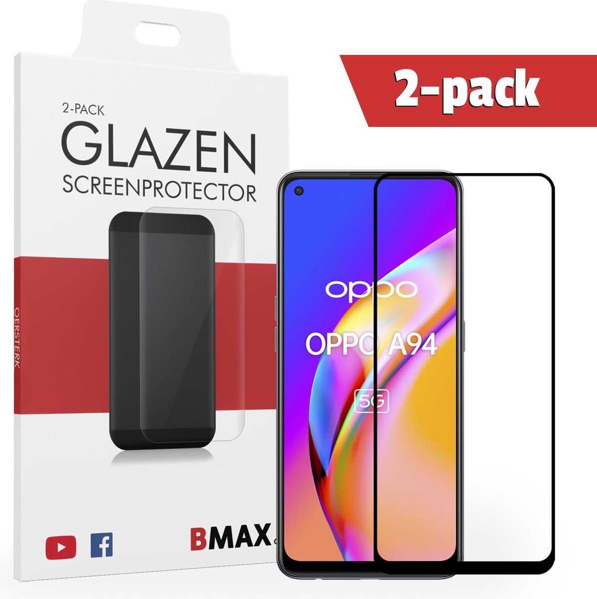 2-pack Bmax Oppo A94 Screenprotector - Glass - Full Cover 2.5d - Black