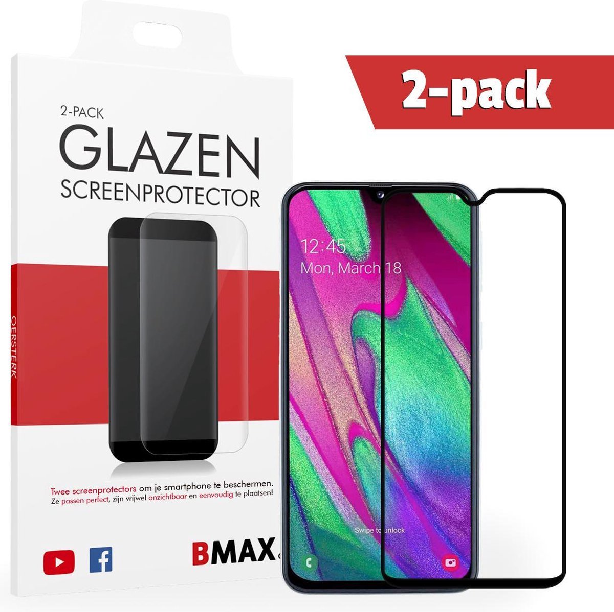 2-pack Bmax Samsung Galaxy A40 Screenprotector - Glass - Full Cover 2.5d - Black