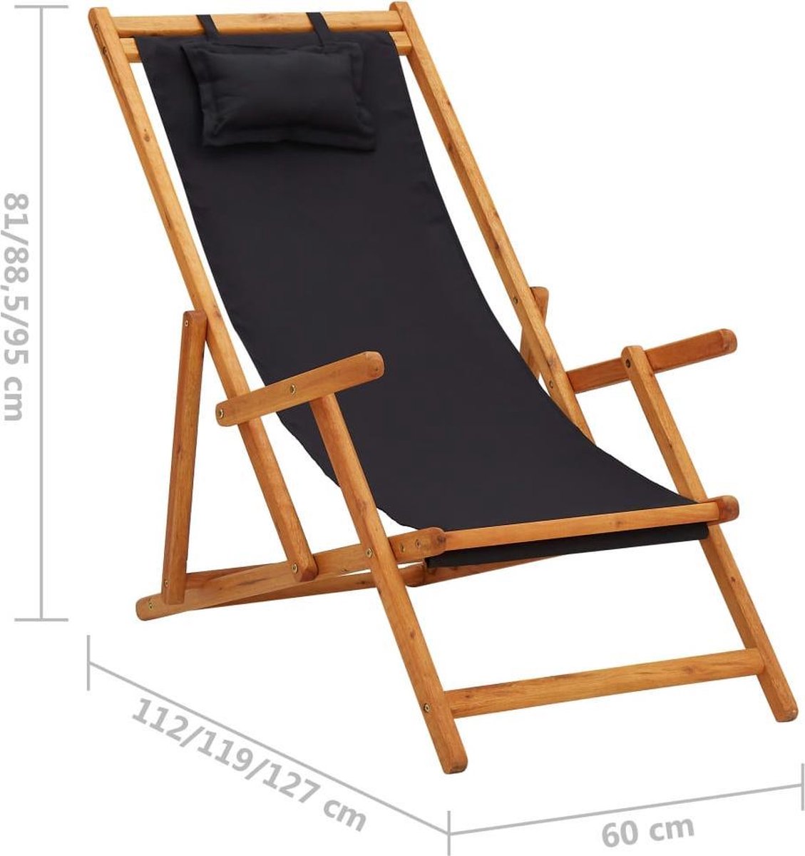 Vidaxl Strandstoel Inklapbaar Massief Eucalyptushout En Stof - Zwart