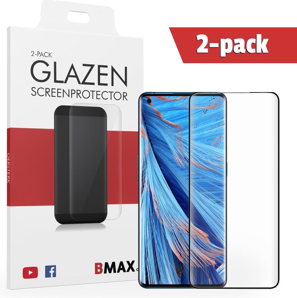 2-pack Bmax Oppo Find X2 Screenprotector - Glass - Full Cover 5d - Black