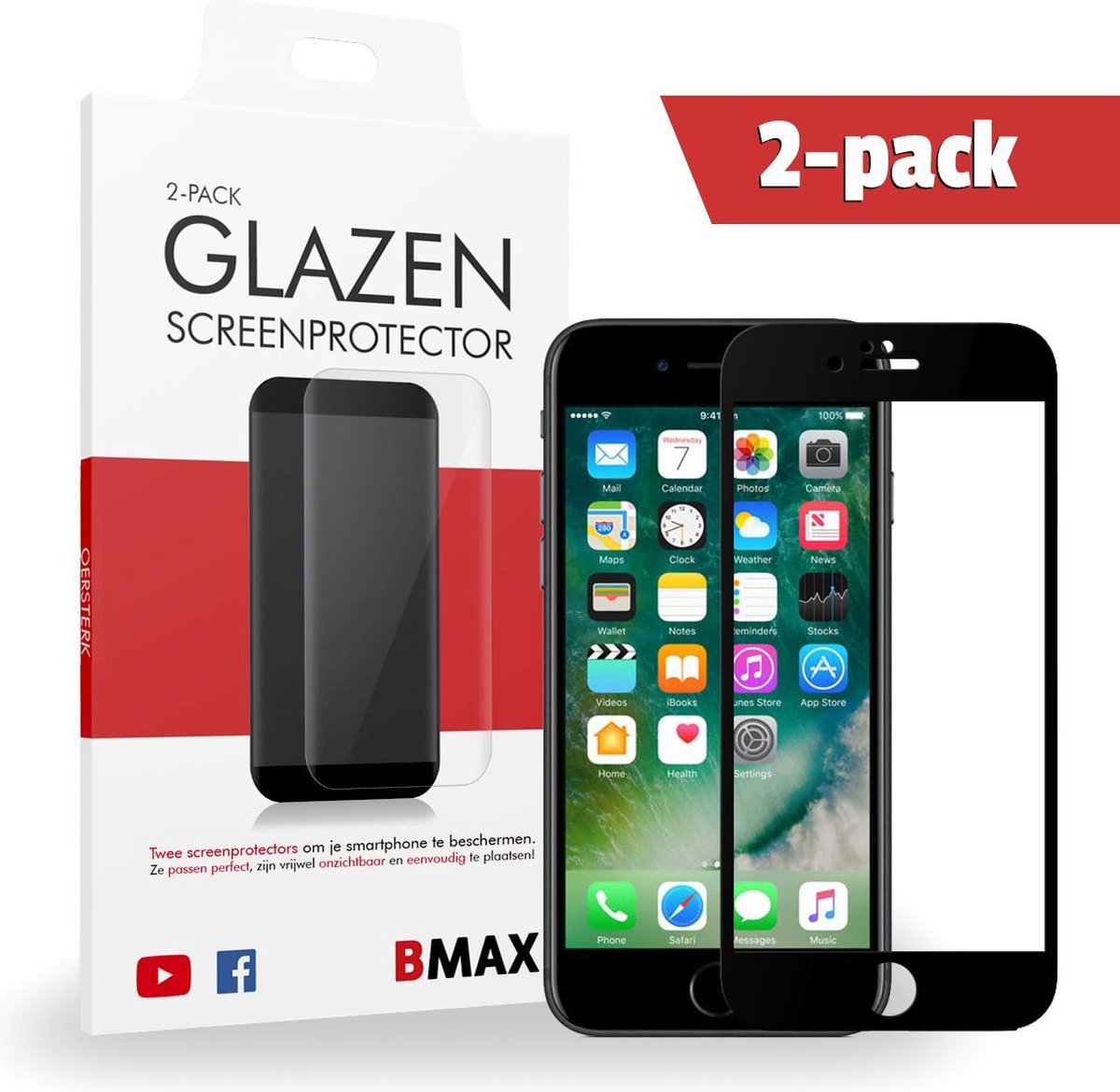 2-pack Bmax Apple Iphone 7 Screenprotector - Glass - Full Cover 5d - Black