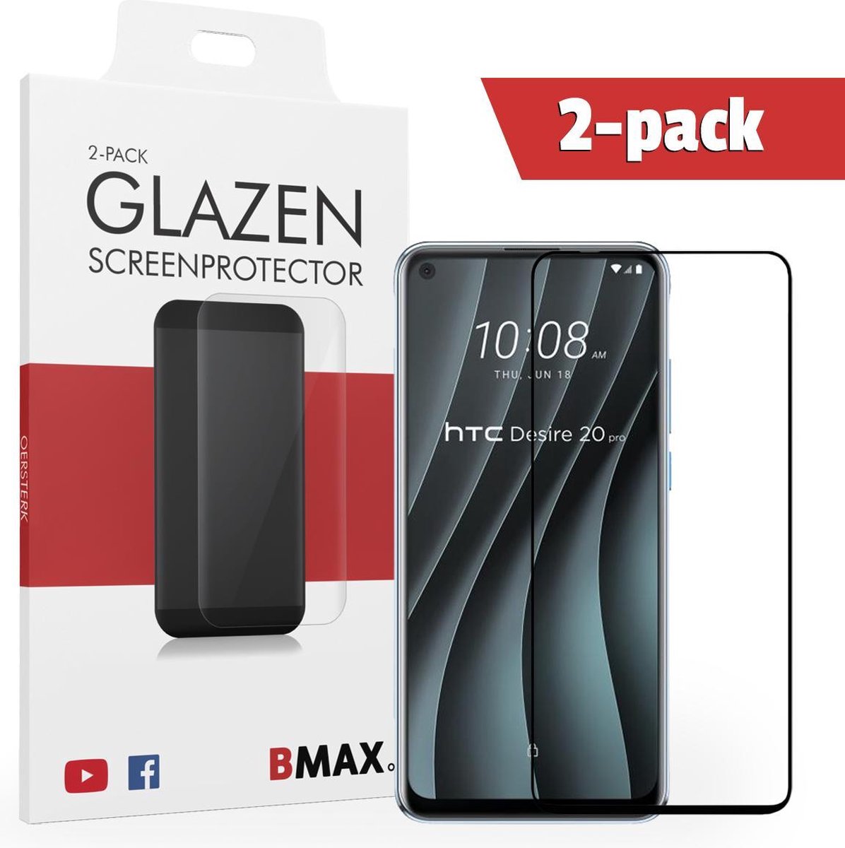 2-pack Bmax Htc Desire 20 Pro Screenprotector - Glass - Full Cover 2.5d - Black