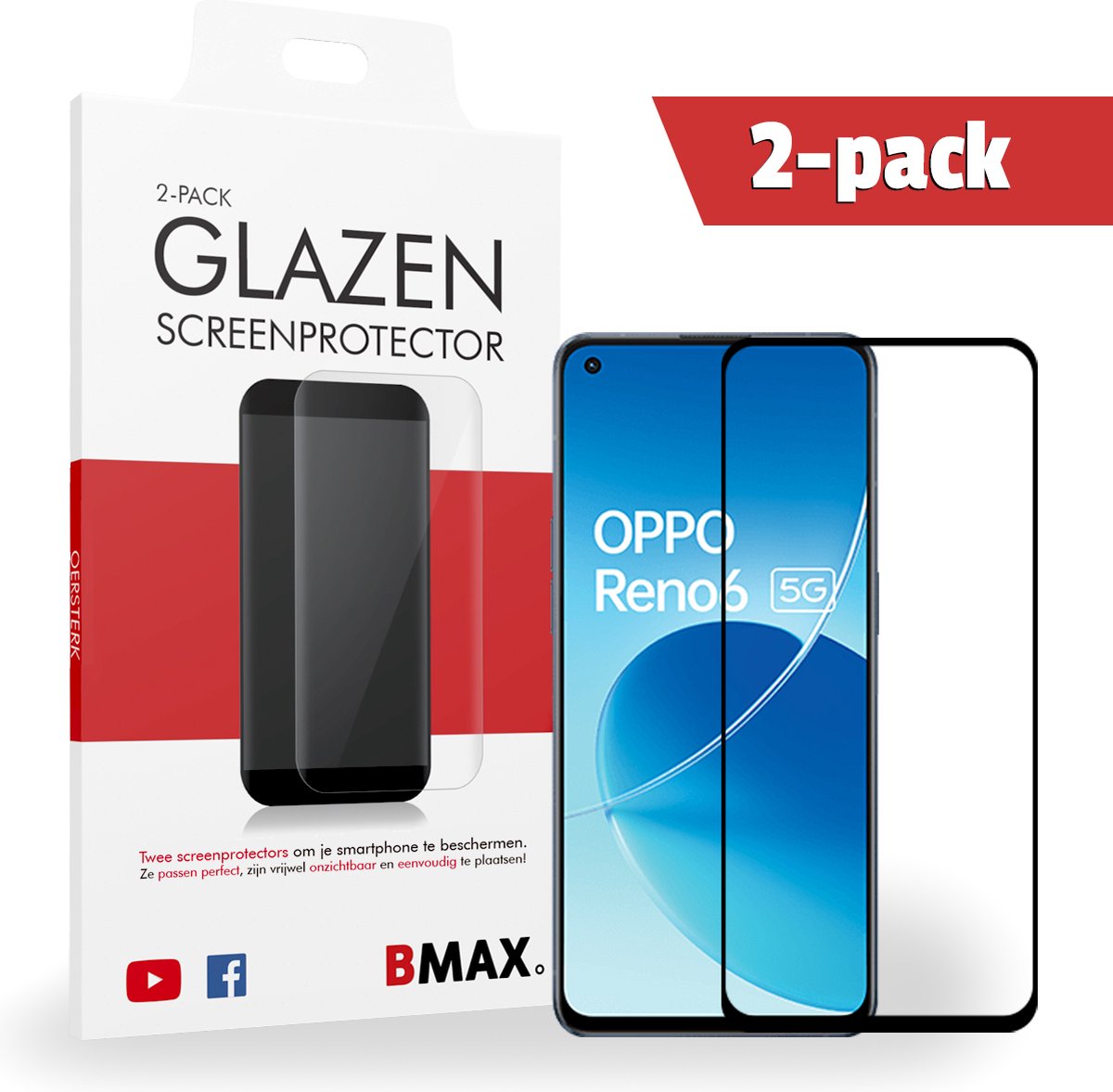 2-pack Bmax Oppo Reno 6 Screenprotector - Glass - Full Cover 2.5d - Black