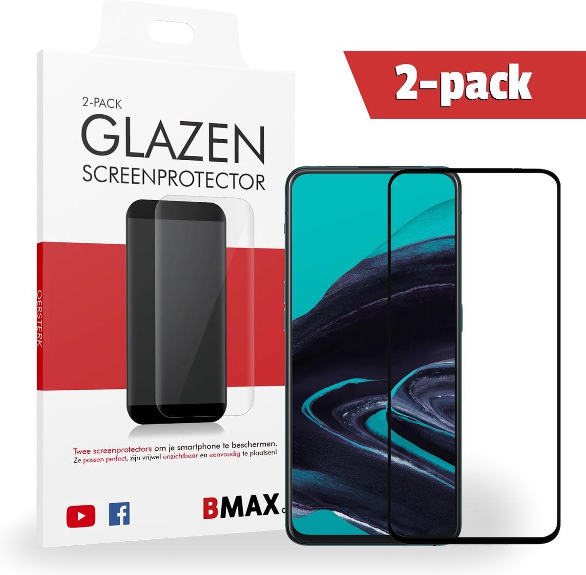 2-pack Bmax Oppo Reno 2 Screenprotector - Glass - Full Cover 2.5d - Black