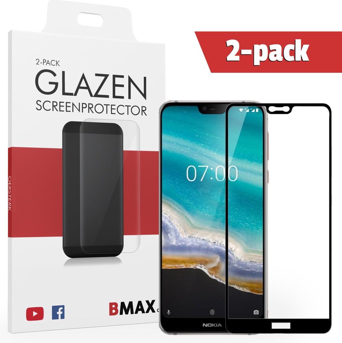 2-pack Bmax Nokia 7.1 Screenprotector - Glass - Full Cover 2.5d - Black