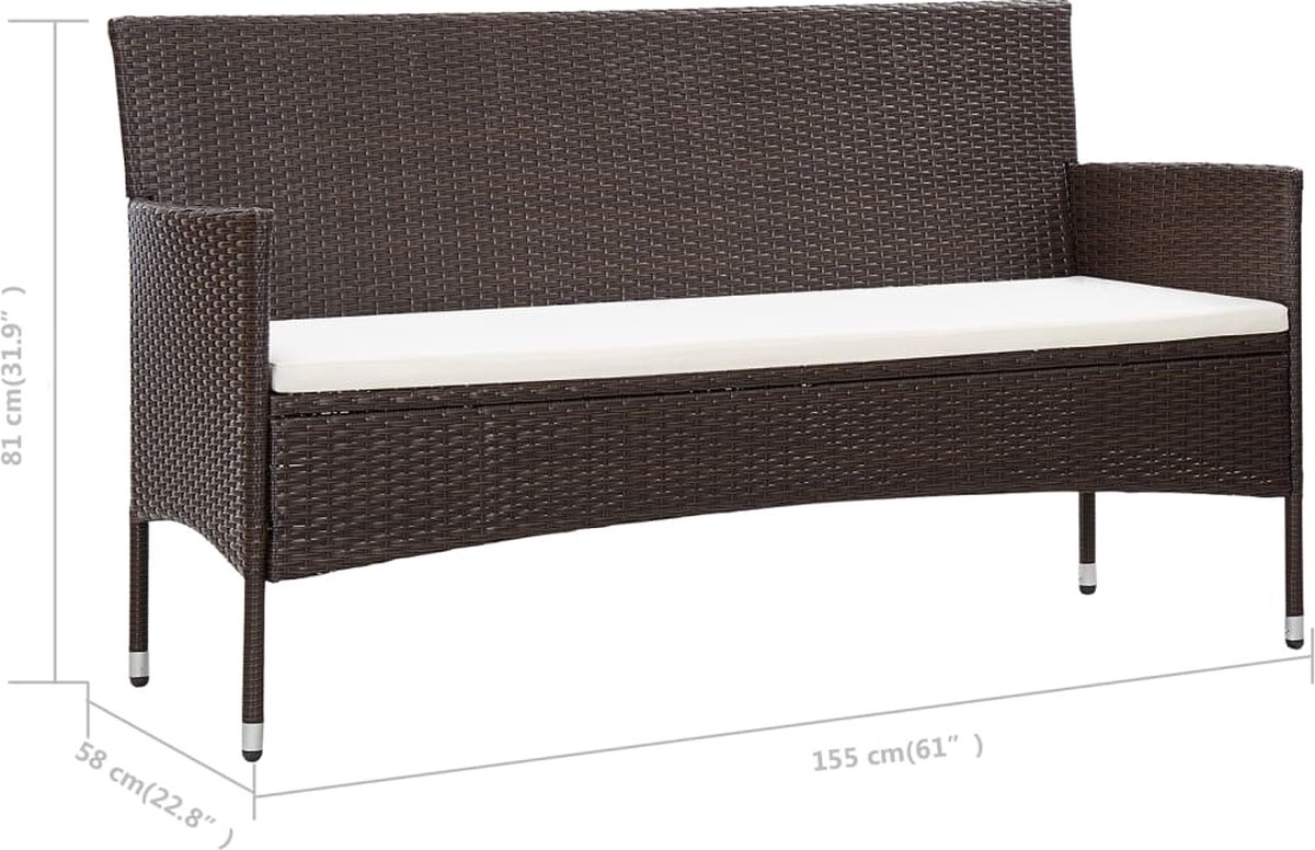 Vidaxl Tuinbank 3-zits Met Kussens Poly Rattan - Bruin