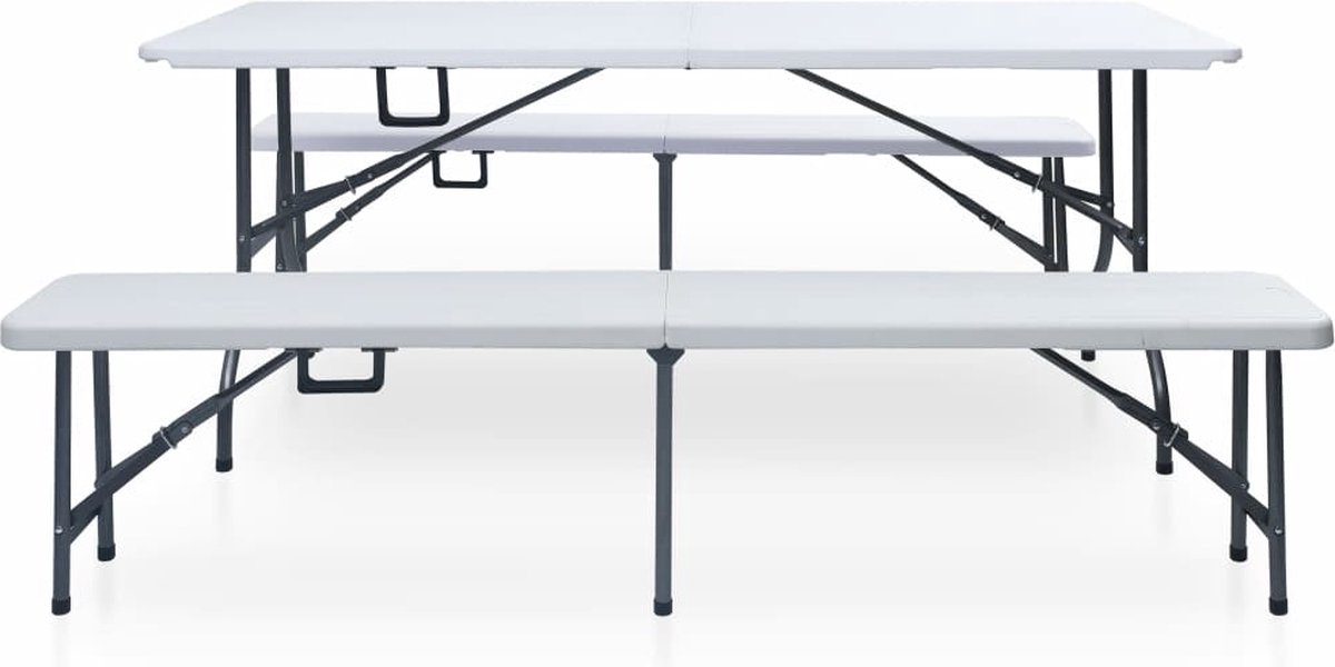 Vidaxl Tuintafel Met 2 Bankjes Inklapbaar 180 Cm Staal En Hdpe - Wit