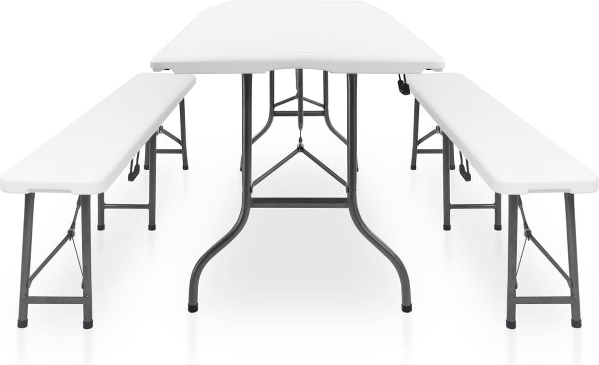 Vidaxl Tuintafel Met 2 Bankjes Inklapbaar 180 Cm Staal En Hdpe - Wit