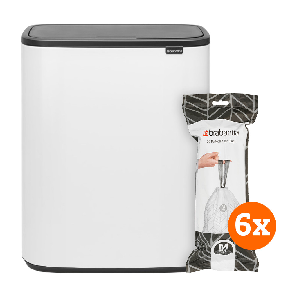 Brabantia Bo Touch Bin 60 Liter + Vuilniszakken (2 x 60 stuks) - Wit