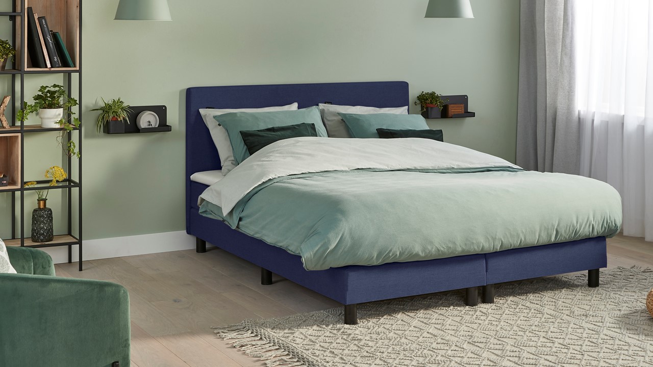 Boxspring Cisano Vlak Met Gestoffeerd Matras - 140 x 200 cm - Blauw