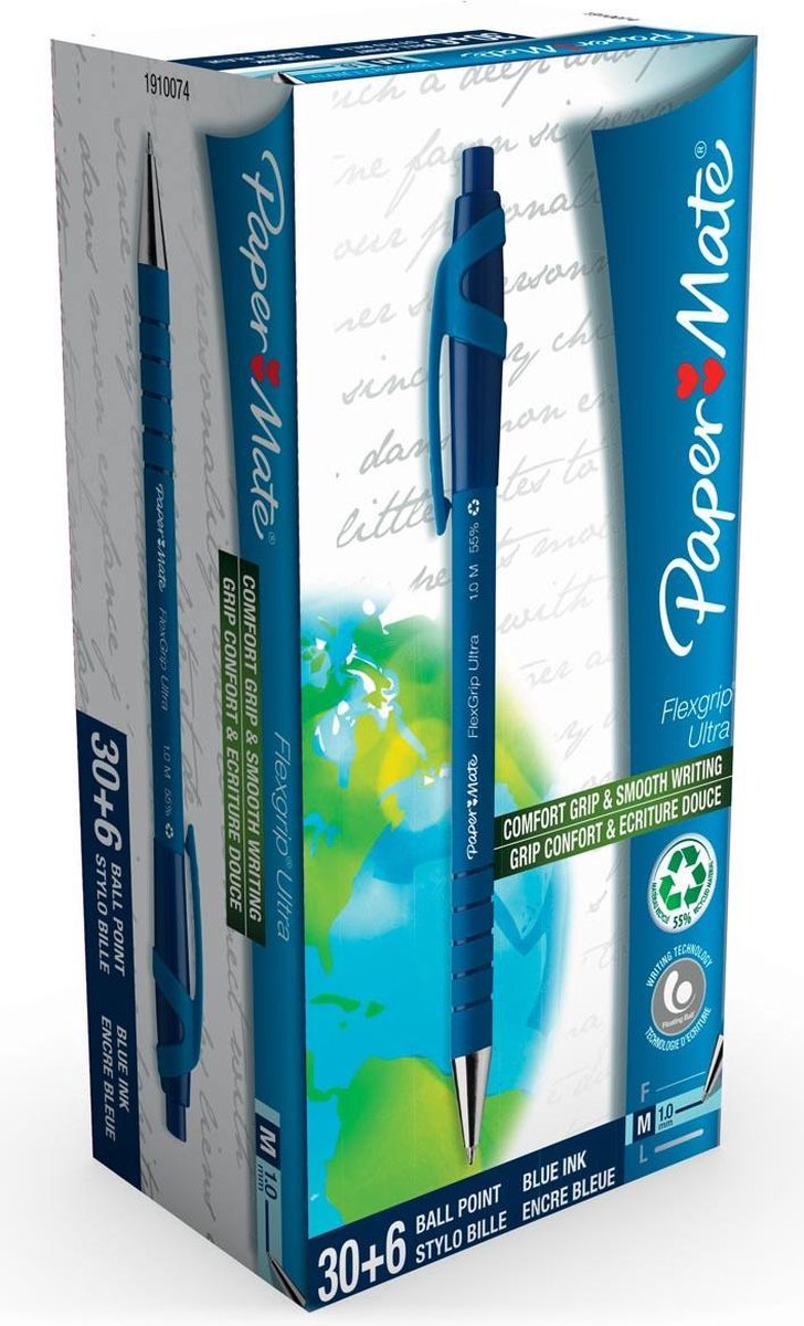 Paper Mate Balpen Flexgrip Ultra Rt, Doos 30 + 6 Stuks Gratis - Blauw