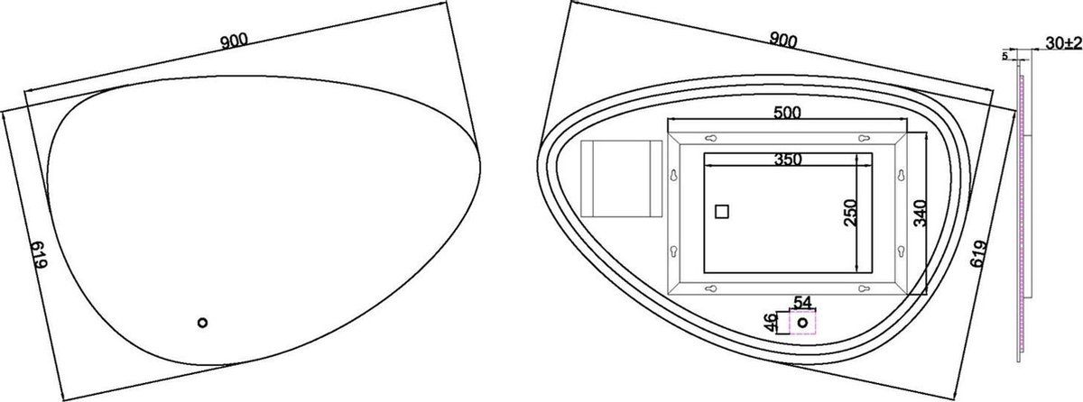 Wiesbaden Uovo spiegel asymmetrisch 90 cm met dimbare LED-verlichting en spiegelverwarming