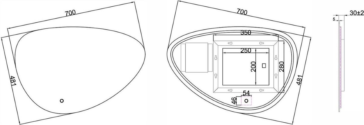 Wiesbaden Uovo spiegel asymmetrisch 70 cm met dimbare LED-verlichting en spiegelverwarming