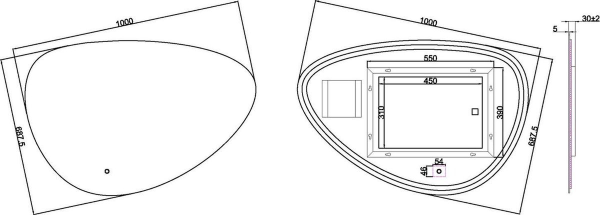 Wiesbaden Uovo spiegel asymmetrisch 100 cm met dimbare LED-verlichting en spiegelverwarming
