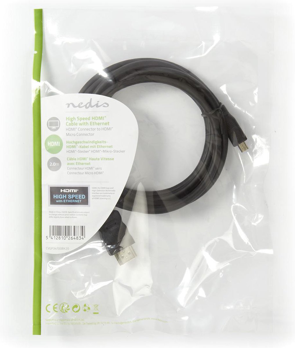 Nedis Micro HDMI naar HDMI 2m - Zwart