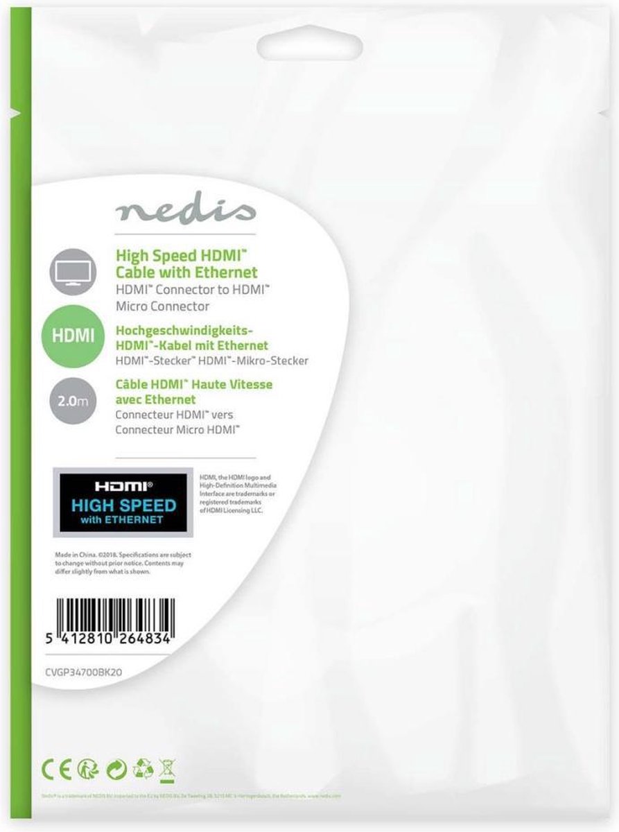 Nedis Micro HDMI naar HDMI 2m - Zwart