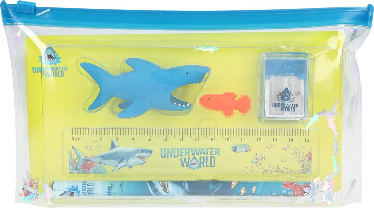 Dino World schrijfset Underwater junior 15 cm 6 delig - Blauw