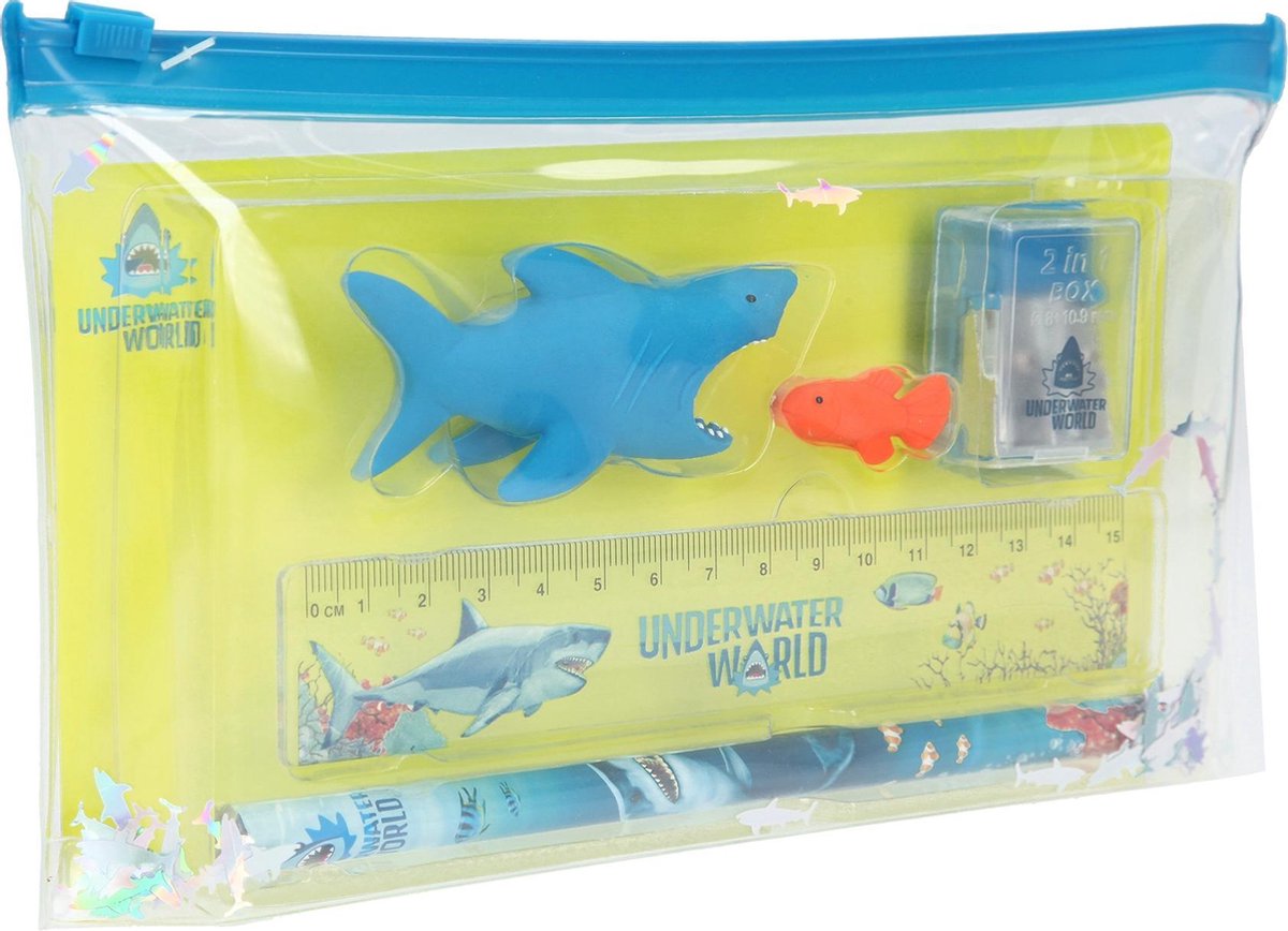 Dino World schrijfset Underwater junior 15 cm 6 delig - Blauw