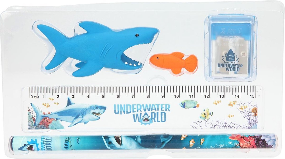 Dino World schrijfset Underwater junior 15 cm 6 delig - Blauw