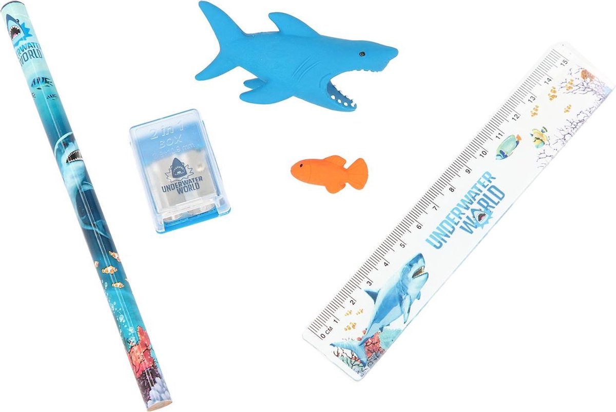 Dino World schrijfset Underwater junior 15 cm 6 delig - Blauw